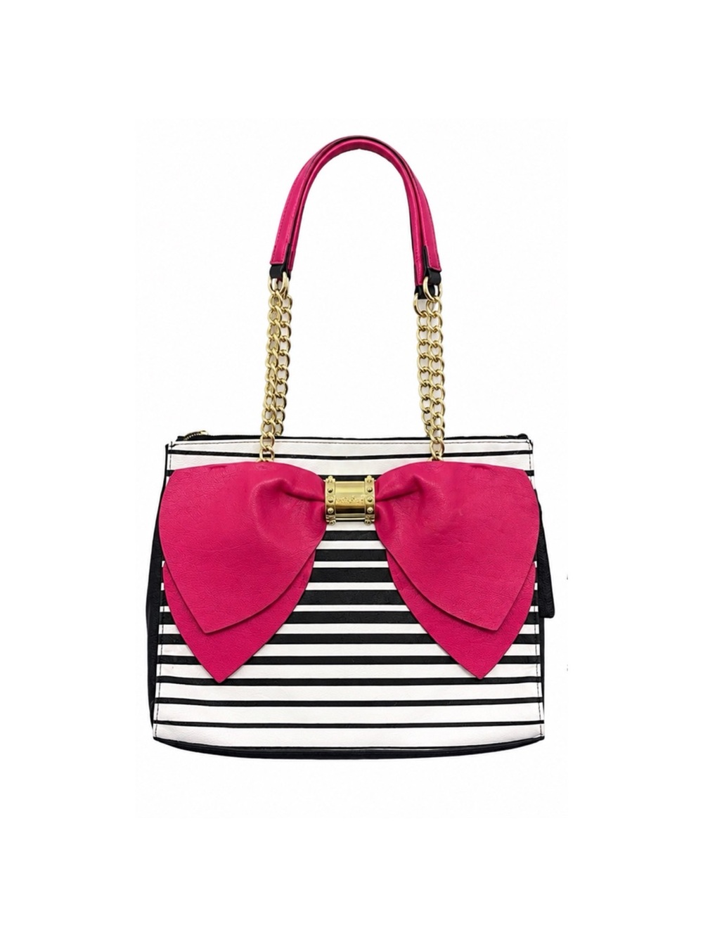 Betsey Johnson Black & White Striped Satchel with Oversized Hot Pink Bow